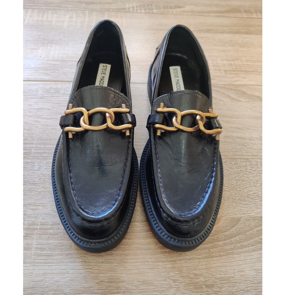 New Steve Madden Black Leather Loafer Gold-tone Chain Hardware Size 9M‎ Karmine
